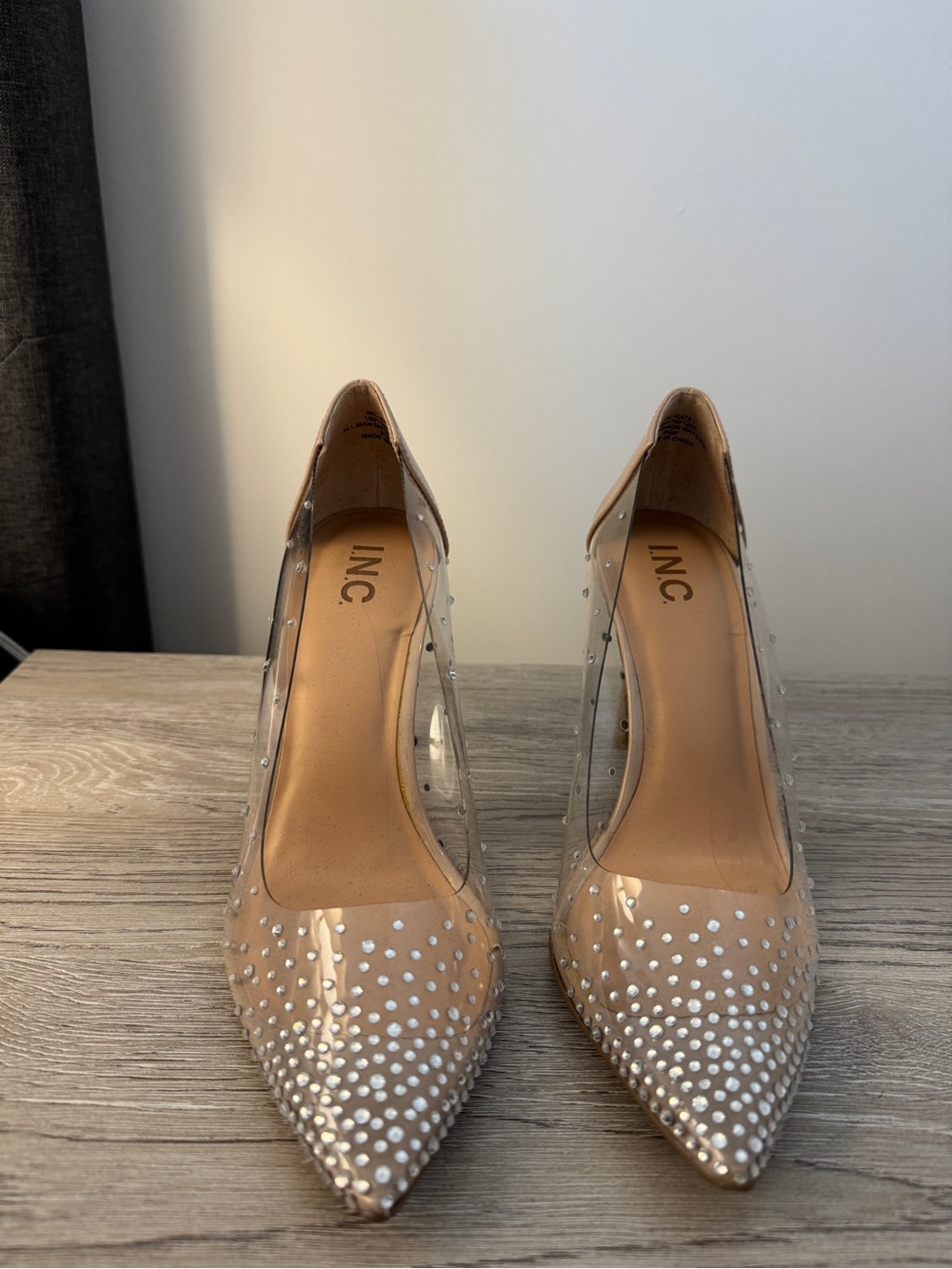 INC International Concepts Nude Clear Pointed Toe Heels with Rhinestones